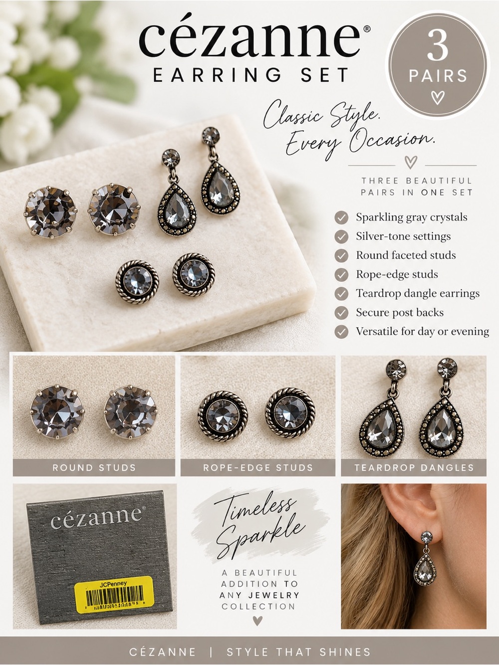 cezanne Silver-Tone Gray Crystal Earring Set (3 Pairs)